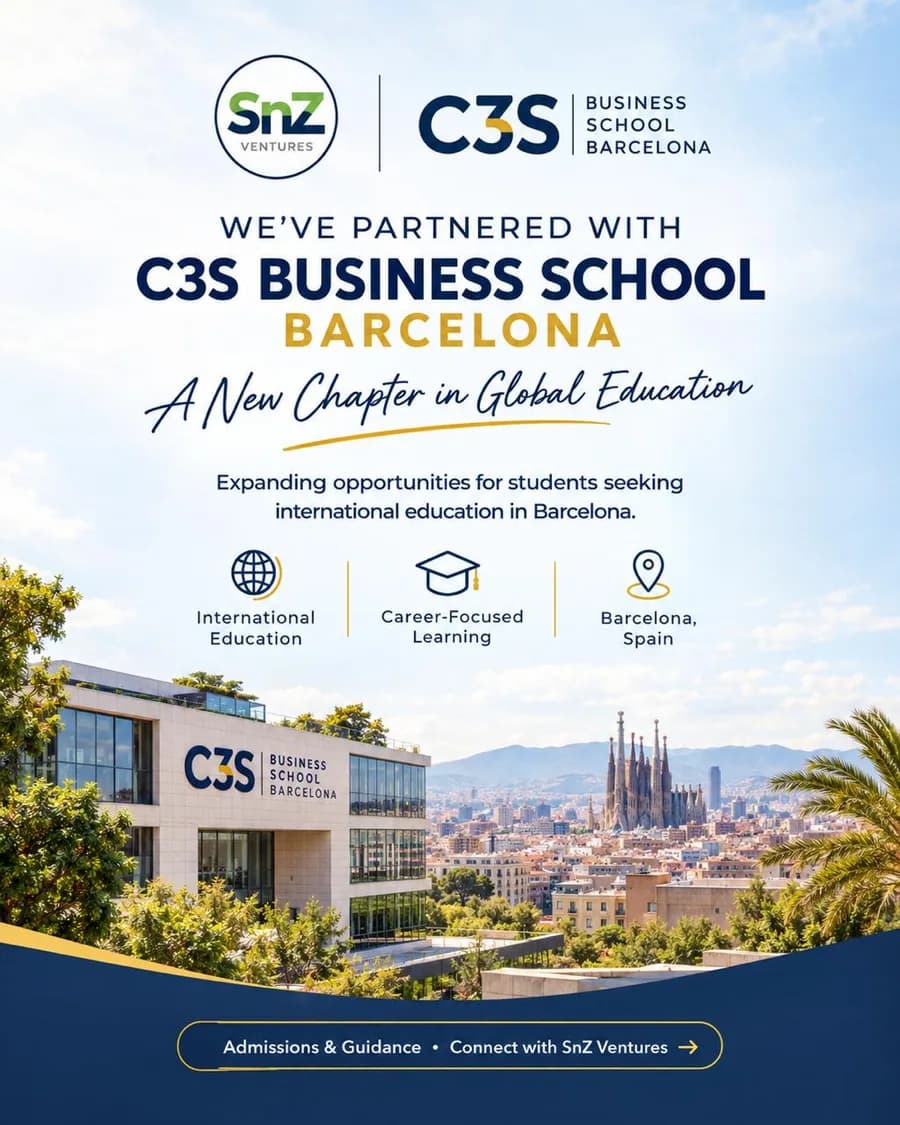 SnZ Ventures announcement for the C3S Business School partnership, showing the school in Barcelona with the city behind it.