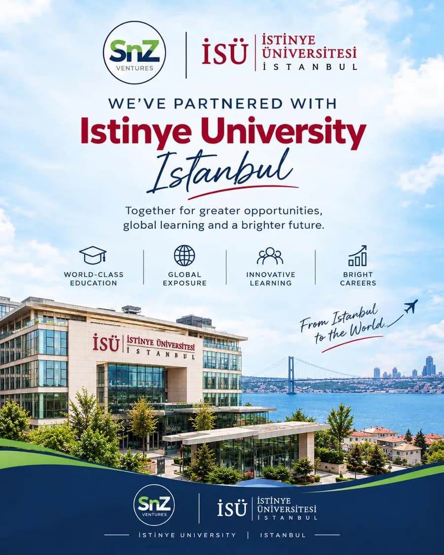 SnZ Ventures announcement for the Istinye University partnership, showing the university building on the Istanbul waterfront.