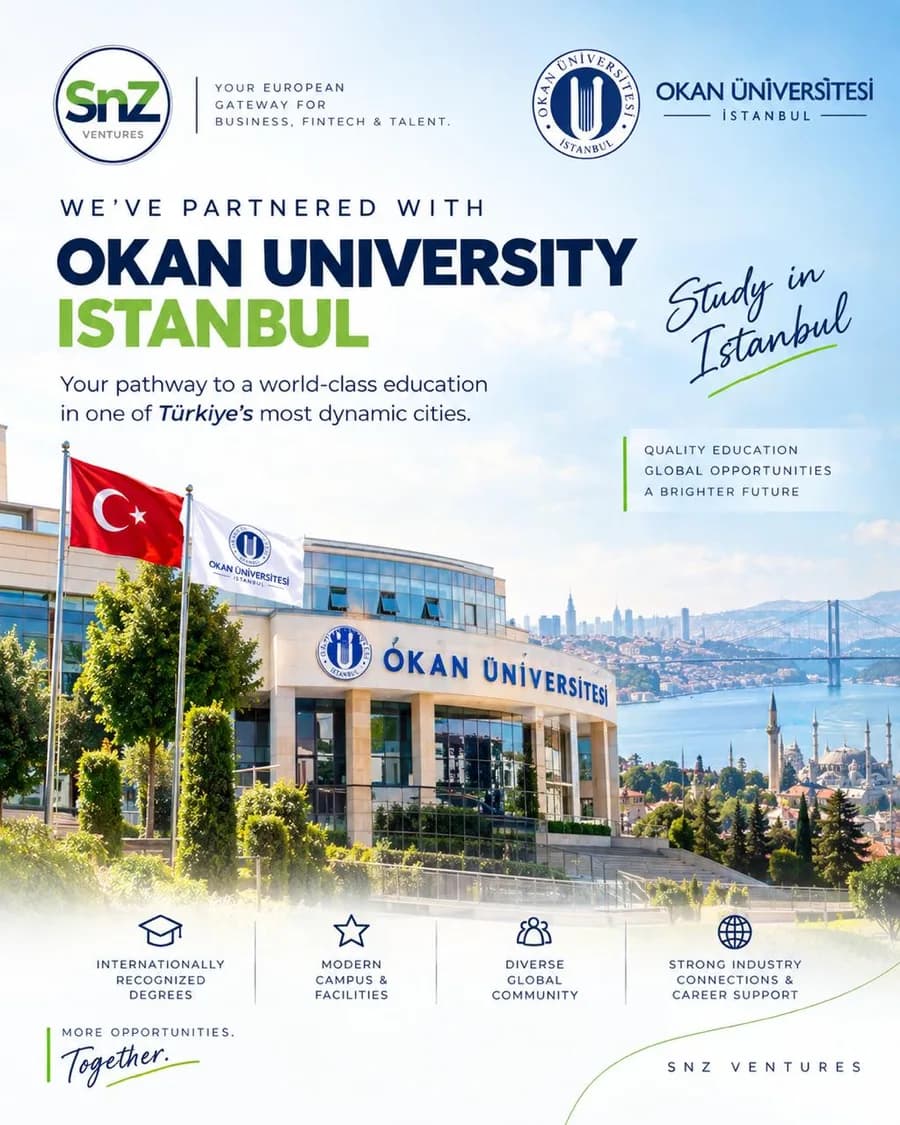 SnZ Ventures announcement for the Okan University partnership, showing the university campus in Istanbul with the Bosphorus behind it.
